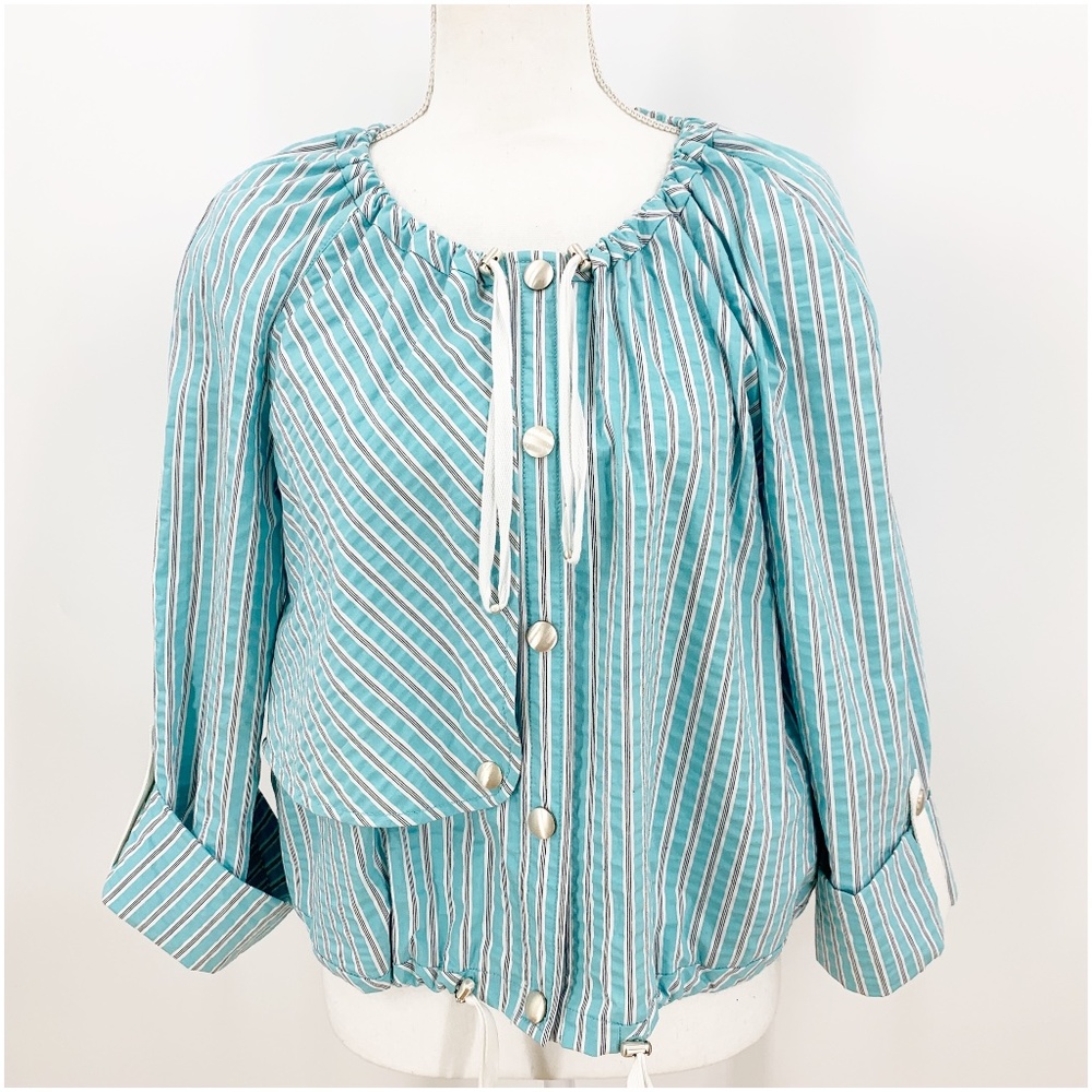Worth Aqua Striped Seersucker Snap Front Short Jacket Sz M